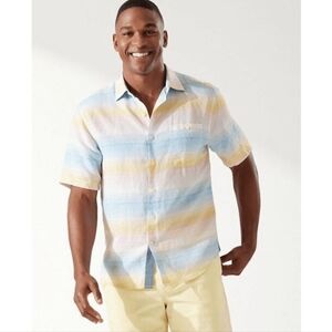 TOMMY BAHAMA Serape Blue Stripe Linen-Blend Camp Shirt | SZ M